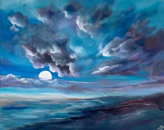 By the Light of the Moon/A3 & A4 print from an original Painting/Full Moon Painting/seascape paintings/sky scape/blue and white painting/art