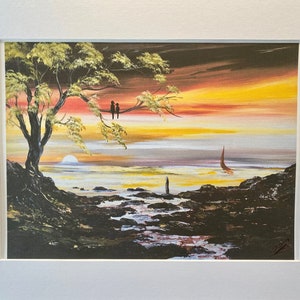 Lovebirds in a Tree&#39;, Print from original painting by Marja Brown, Romantic Sunset Painting, contemporary seascape, wall art  decoration,