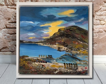 Framed Sunrise Painting: Semi Abstract Lake Landscape Art by Marja Brown