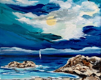 Sailing Home after a Perfect Day/original small square abstract seascape painting in acrylic on canvas/gift for him/abstract wall decoration