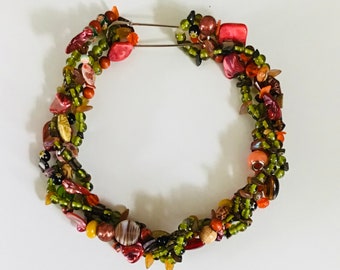 Handmade Green and Orange Beaded Necklace