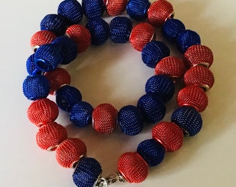 Netted  Blue and Red Beaded Necklace