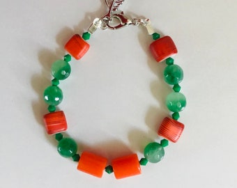 Orange and Green Handmade  Beaded Bracelet