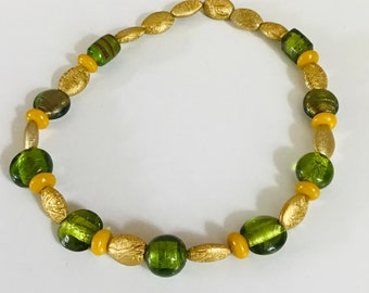 Handmade Beaded Necklace in Green and Gold