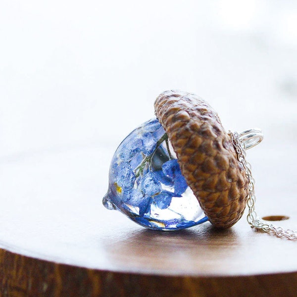 Forget Me Not Acorn Necklace: Something Blue Bridal | Memorial Keepsake Pressed Real Flower Pendant
