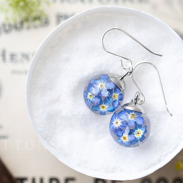 Forget me Not Earrings / Dangle earrings / Something Blue / Real Flower Earrings / Silver Earrings / Resin Earrings / Wedding Jewelry