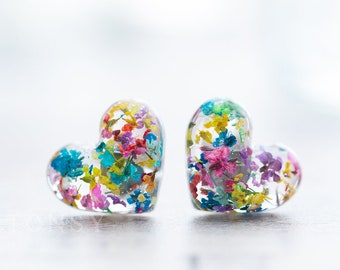 Real Flower Earrings / Rainbow Confetti Heart Studs / Botanical Jewellery / Whimsical Jewelry / Gifts for Her / Real Flower Jewelry