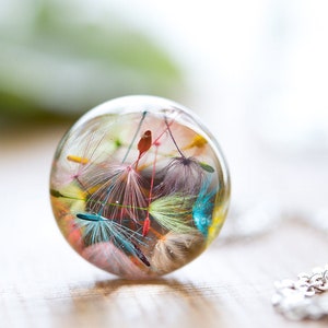 Collar de diente de león arcoíris: colgante de globo de los deseos de resina con flores reales / Regalo de joyería natural colorido