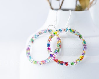 Real Flower Hoop Earrings / Rainbow Confetti / Large Hoops / Pressed Flower Earrings / Gifts For Her / Resin Jewelry / Whimsical Jewelry