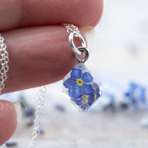 Tiny Forget Me Not Necklace  / "Raw Crystal" / Pressed Flower Jewelry / Gifts For Her / Something Blue / Resin Jewelry / Raw Stone