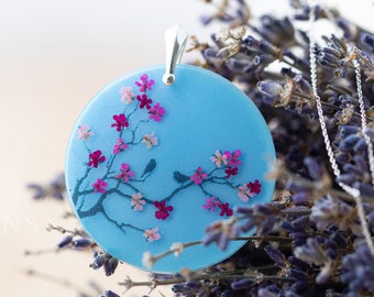 Birds in Blossom Tree Necklace / Blue Sky / Bird Necklace / Real Flower Jewelry / Pressed Flower Necklace / Gifts for Her / Resin Jewelry