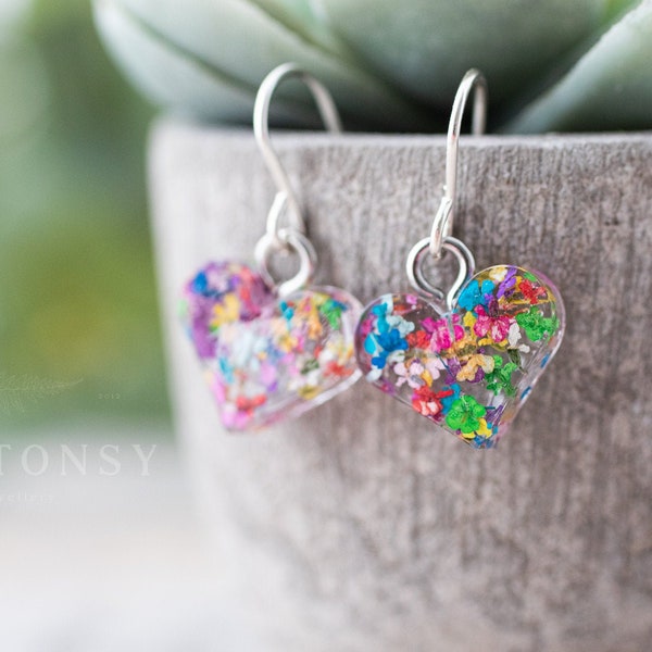Real Mixed Flower Heart Earrings: Rainbow Confetti Dangles