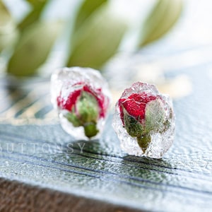 Red Rose Resin Earrings: Frozen Flower Sterling Silver Studs