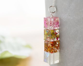 Four Seasons Cube Necklace - Real Flower Necklace , Botanical Jewellery , Pressed Flower Necklace , Gifts for Her , Cherry Blossom Jewelry
