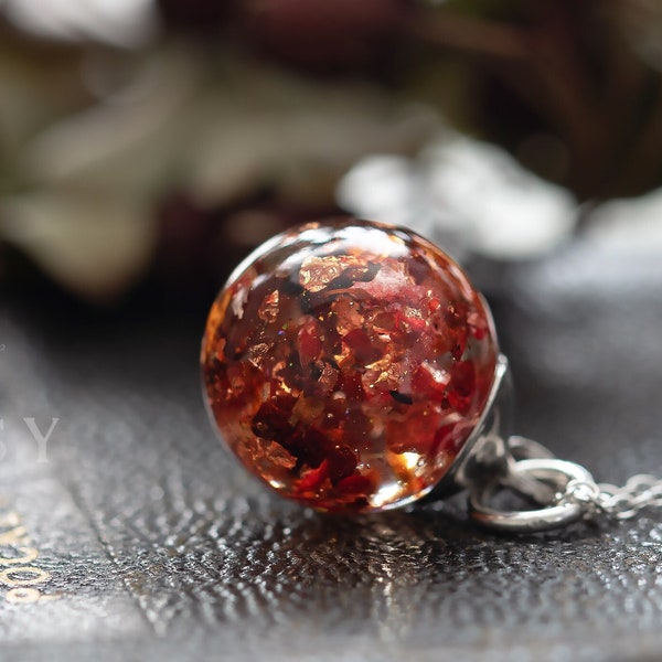 Autumn Globe Necklace  / Real Flower Jewelry / Gifts for Her / Copper Necklace / Fall Season / Autumn Leaves / Thanksgiving Jewelry / Resin