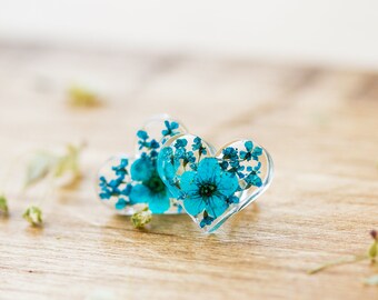 Real Flower Blue Heart Earring Studs