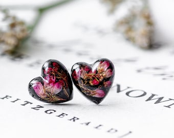 Flower Earrings / Heather Earrings / Black / Sterling Silver / Botanical Jewellery / Pressed Flowers / Tiny Jewellery / Resin Earrings