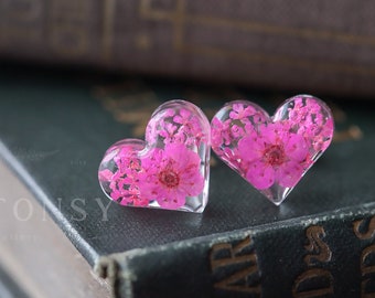 Real Flower Earrings / Pink Hearts / Pink Earrings / Resin Jewellery / Gifts for Her / Cherry Blossom Jewelry / Bridal Jewelry / Whimsical
