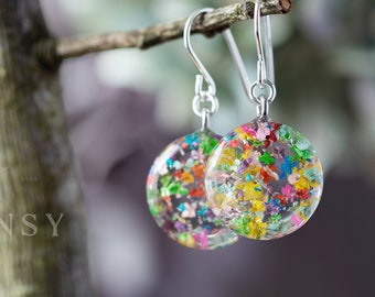 Rainbow Flower Earrings / Rainbow Confetti Disc Dangles / Botanical Jewellery / Whimsical Jewelry / Gifts for Her / Real Flower Jewelry