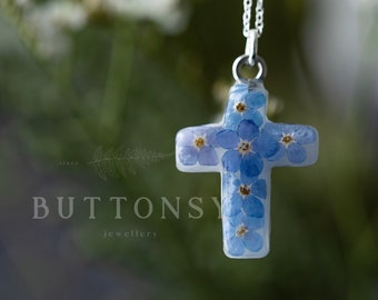 Christian Cross Necklace with Forget Me Nots