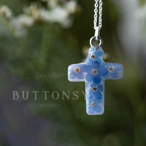Christian Cross Necklace with Forget Me Nots