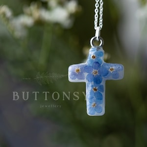 Christian Cross Necklace with Real Forget-Me-Not Flowers | Handmade Resin Pendant | Faith and Remembrance Jewelry | Gift for Her