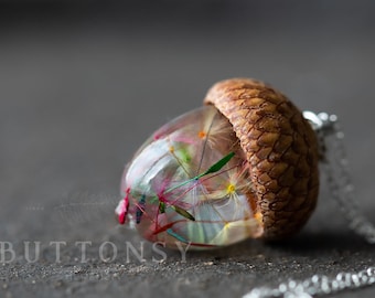 Rainbow Dandelion Wish Acorn Necklace: Real Colorful Wishes Pendant | Whimsical Gift for Her