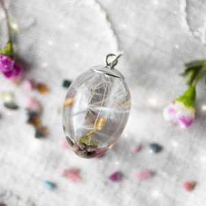 Tourmaline & Dandelion Wish Resin Necklace: Sterling Silver Chain, Boho Jewelry