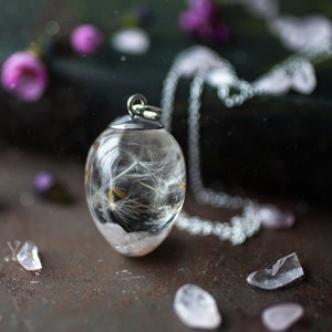 Collier de souhaits en quartz rose et pissenlit - collier graine de pissenlit / collier en pierre brute / collier pissenlit / collier en résine / bijoux bohème