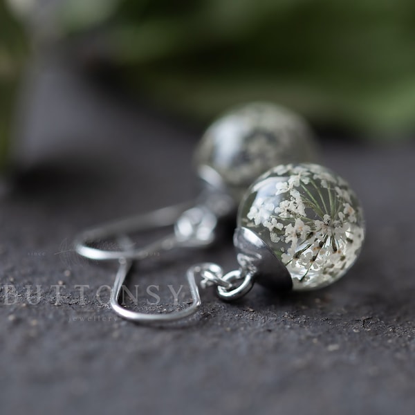 Real White Lace Flower Globe Earring Dangles