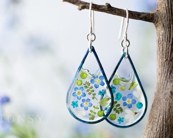 Dried Forget Me Not Flower Clear Teardrop Boho Earrings