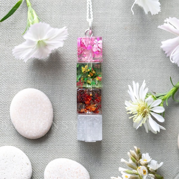 Collar de las Cuatro Estaciones: Collar giratorio de resina con flores reales / Joyería natural hecha a mano / Regalo para ella