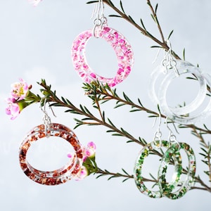 Resin Hoop Earrings: Real Flowers, Sterling Silver Hooks, 40mm