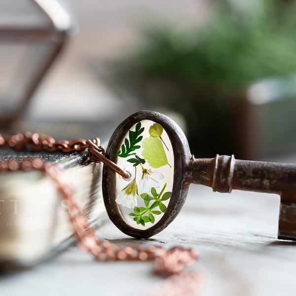 Green Key Necklace | Real Fern Resin Pendant | Handmade Woodland Jewellery Gift