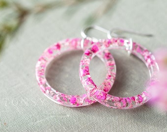 Resin Hoop Earrings / "Cherry Blossom" / Large Hoops / Real Flower Earrings / Gifts For Her / Resin Jewelry / Whimsical Jewelry / Sakura