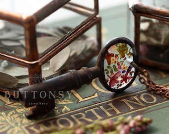 Key Necklace with Real Pressed Flowers | Autumn Resin Pendant | Handmade Copper Jewellery