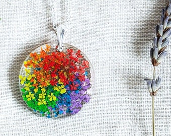 Real Flower Necklace / Rainbow Lace Flowers - Circle / Botanical Jewelry / Pressed Flower Necklace / Wildflower Necklace / Gifts for Her