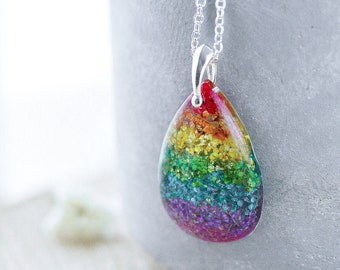 Collier arc-en-ciel de vraies fleurs / Teardrop / Bijoux botaniques / Collier de fleurs pressées / Collier de fleurs sauvages / Cadeaux pour elle / Arc-en-ciel