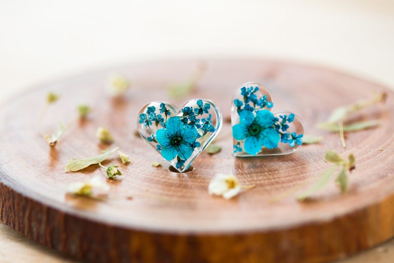 Real Flower Earrings / Blue Hearts / Sterling Silver / Something Blue / Resin Jewellery / Gifts for Her / Gifts for Sister / Bridal Jewelry image 5