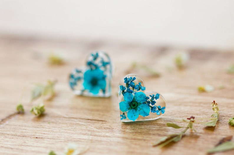 Real Flower Earrings / Blue Hearts / Sterling Silver / Something Blue / Resin Jewellery / Gifts for Her / Gifts for Sister / Bridal Jewelry image 3