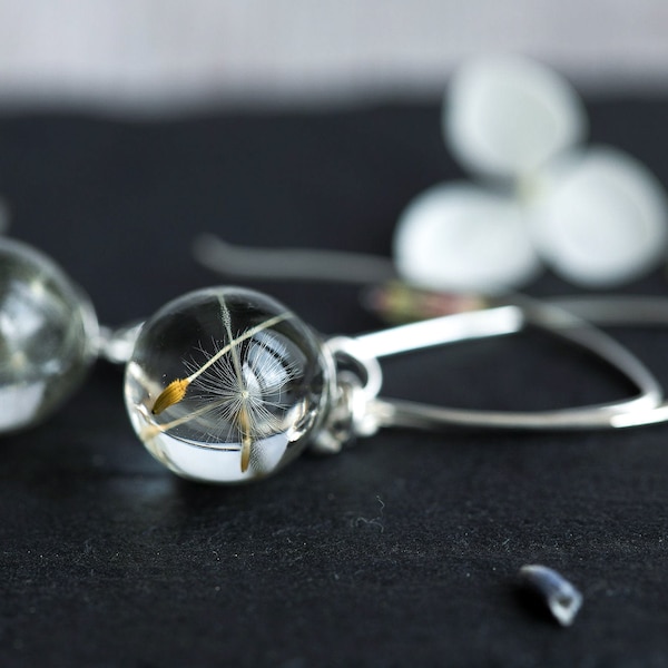 Tiny Dandelion Threader Earrings / Sterling Silver / Dandelion Wish Earrings / Silver Earrings / Pressed Flower Earrings / Boho Earrings