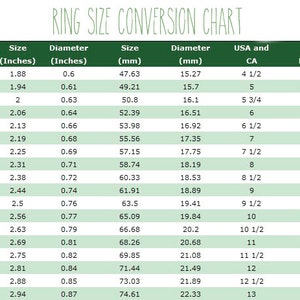 May include: A chart showing ring size conversions in inches, millimeters, and different sizing systems, including Japan, USA and Canada, and Great Britain. The chart includes ring sizes from 8 to 27.