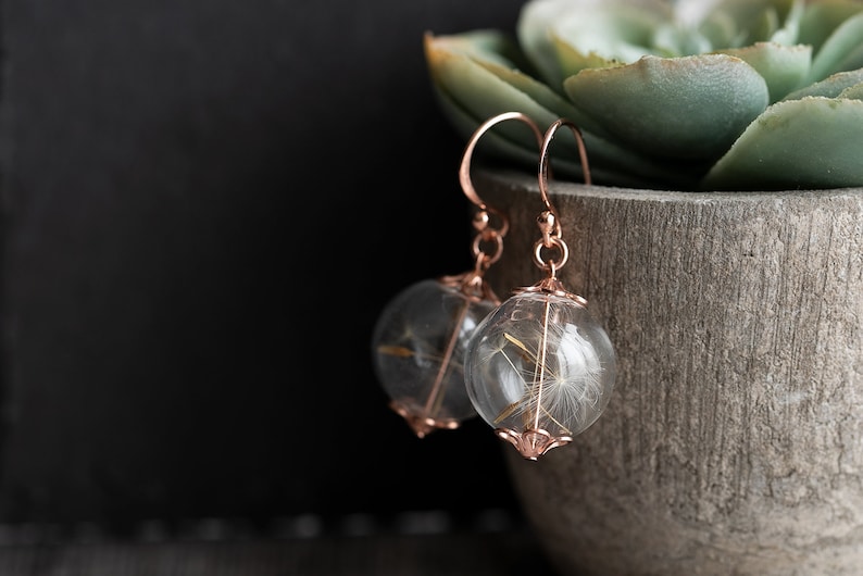 Pode incluir: Brincos de argola de ouro rosa com esferas de vidro transparentes que cont&ecirc;m sementes de dente-de-le&atilde;o secas.