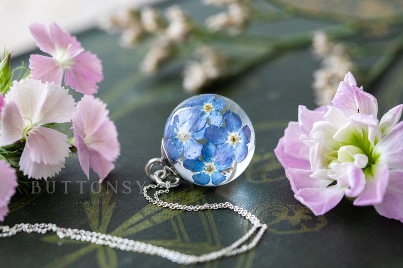 Forget Me Nots Necklace / Globe / Pressed Flower Necklace / Gifts For Her / Memorial Necklace / Something Blue / Birthday Gifts / Jewelry image 4