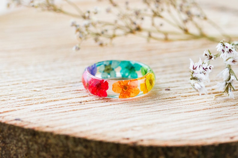 Real Flower Ring / Rainbow Blossom / Pressed Flower Jewelry / Gifts for Her / Resin Ring / Real Flower Jewelry / Resin Jewelry / Rainbow image 5