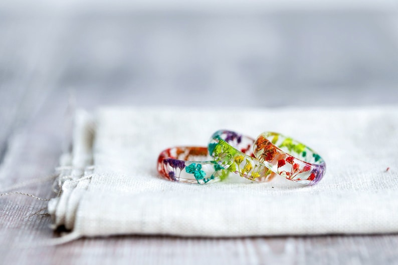 Real Flower Ring / Rainbow Gyp/ Botanical Jewellery / Baby's Breath/ Pressed Flower Ring / Nature Jewellery / Handcrafted Ring image 1