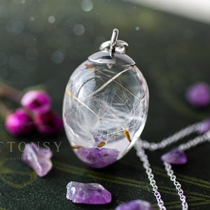 Collier de souhaits d&#39;améthyste et de pissenlit / collier de graine de pissenlit / collier en pierre brute / collier de pissenlit / collier en résine / bijoux bohème