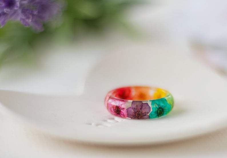 Real Flower Ring / Rainbow Blossom / Pressed Flower Jewelry / Gifts for Her / Resin Ring / Real Flower Jewelry / Resin Jewelry / Rainbow image 2