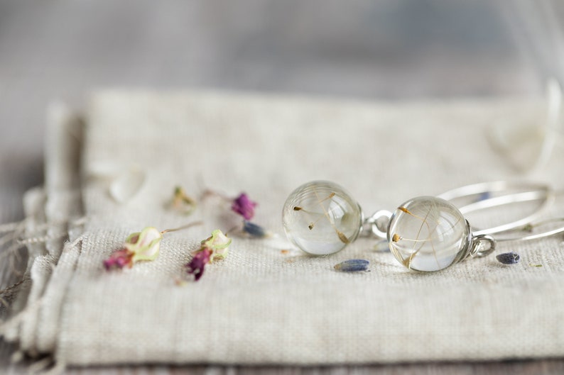 Tiny Dandelion Threader Earrings / Sterling Silver / Dandelion Wish Earrings / Silver Earrings / Pressed Flower Earrings / Boho Earrings image 3