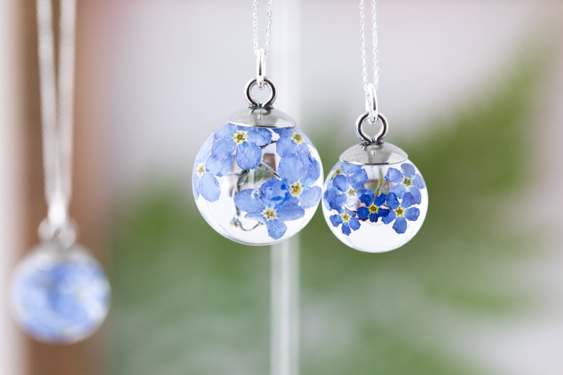 Mini Forget Me Not Necklace / Pressed Flowers Globe / Gifts For Her / Memorial Necklace / Something Blue / Birthday Gifts / Bridal Jewelry image 3